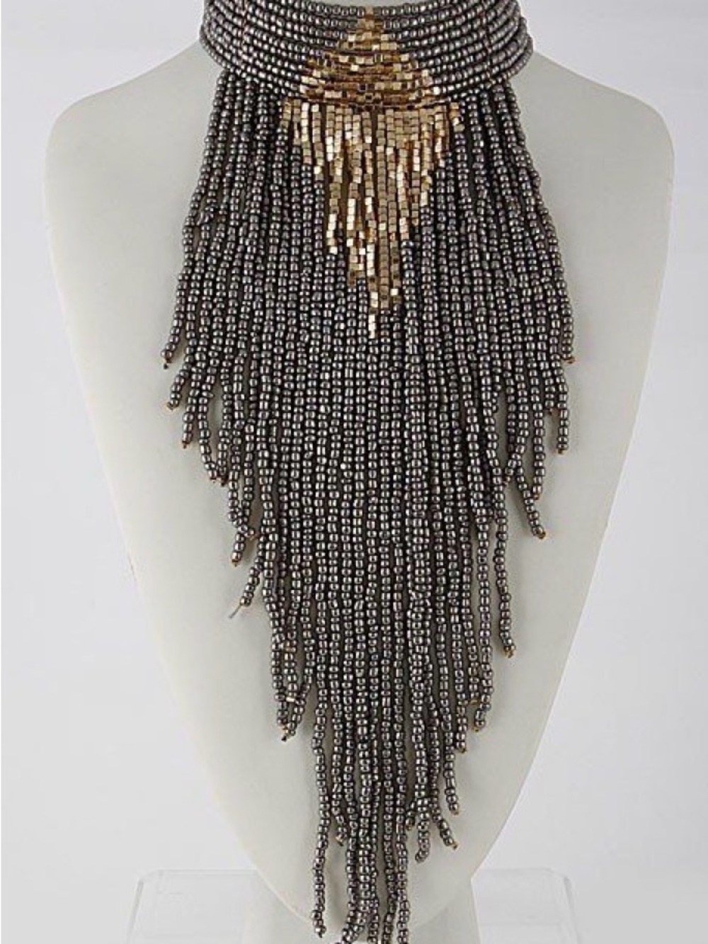 Fringed Beaded Statement Necklace - Gunmetal with Gold Accent